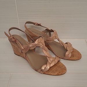 Donald Pliner shiny pink leather low wedge sandals, size 7.5